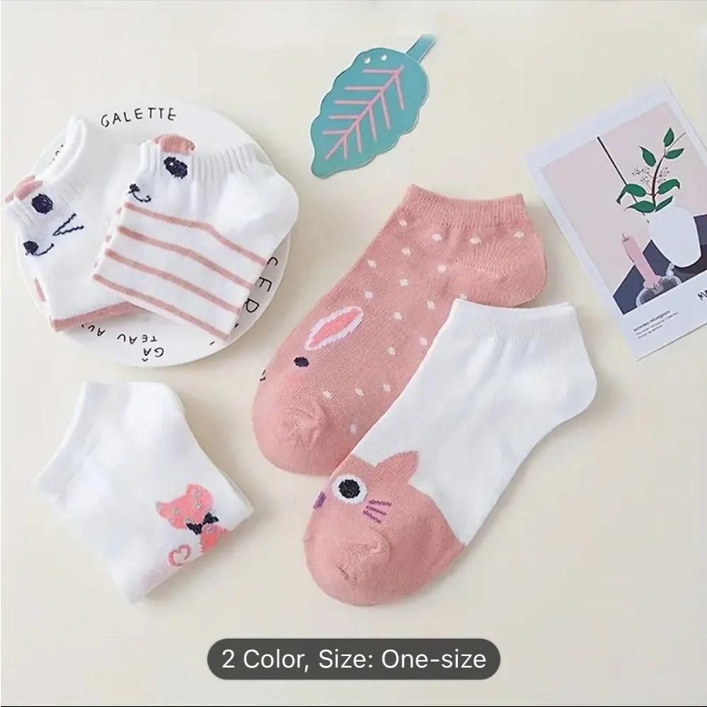5 Pairs Cute Cat Print Short Socks,‎ NWT
